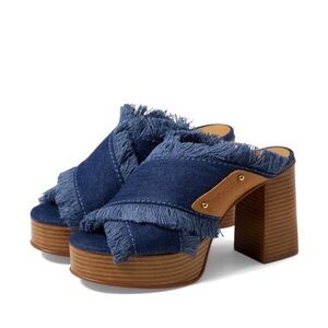Anthropologie See by Chloe Denim Platform Mule Slide Sandal Frayed 38 NEW